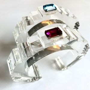 Big Chunky Clear Lucite Bracelets Modernist Sculptural Architectural faux gems